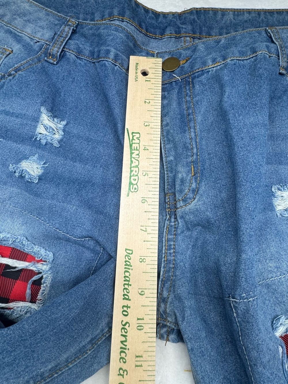 Distressed Buffalo Plaid Patch Jeans Light Wash Wide Leg Estimated Plus Size - Picture 7 of 11
